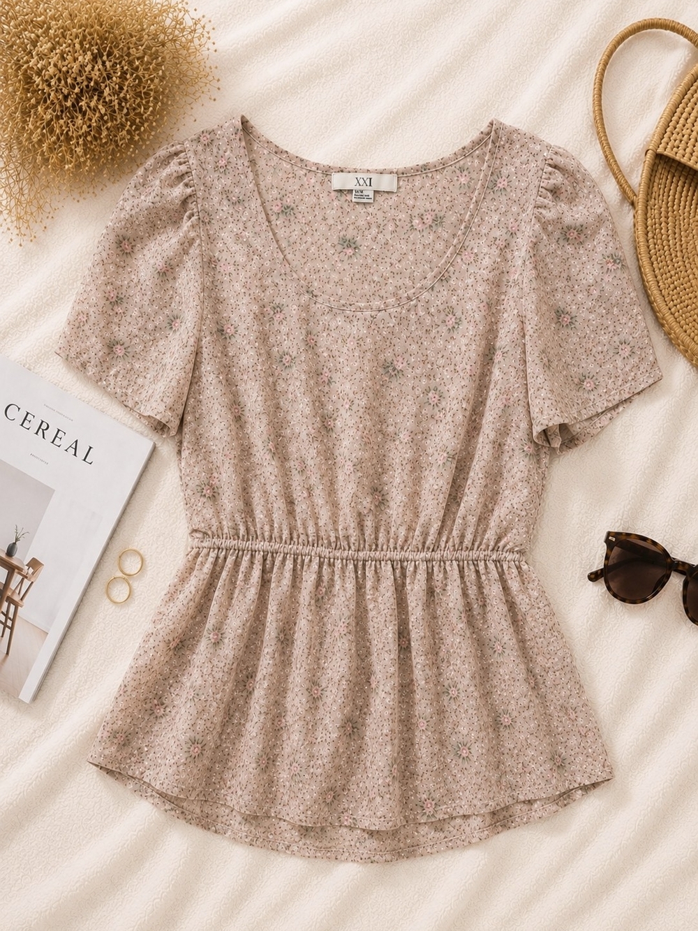 Forever 21 Blush Floral Elastic-Waist Short Sleeve Peplum Top